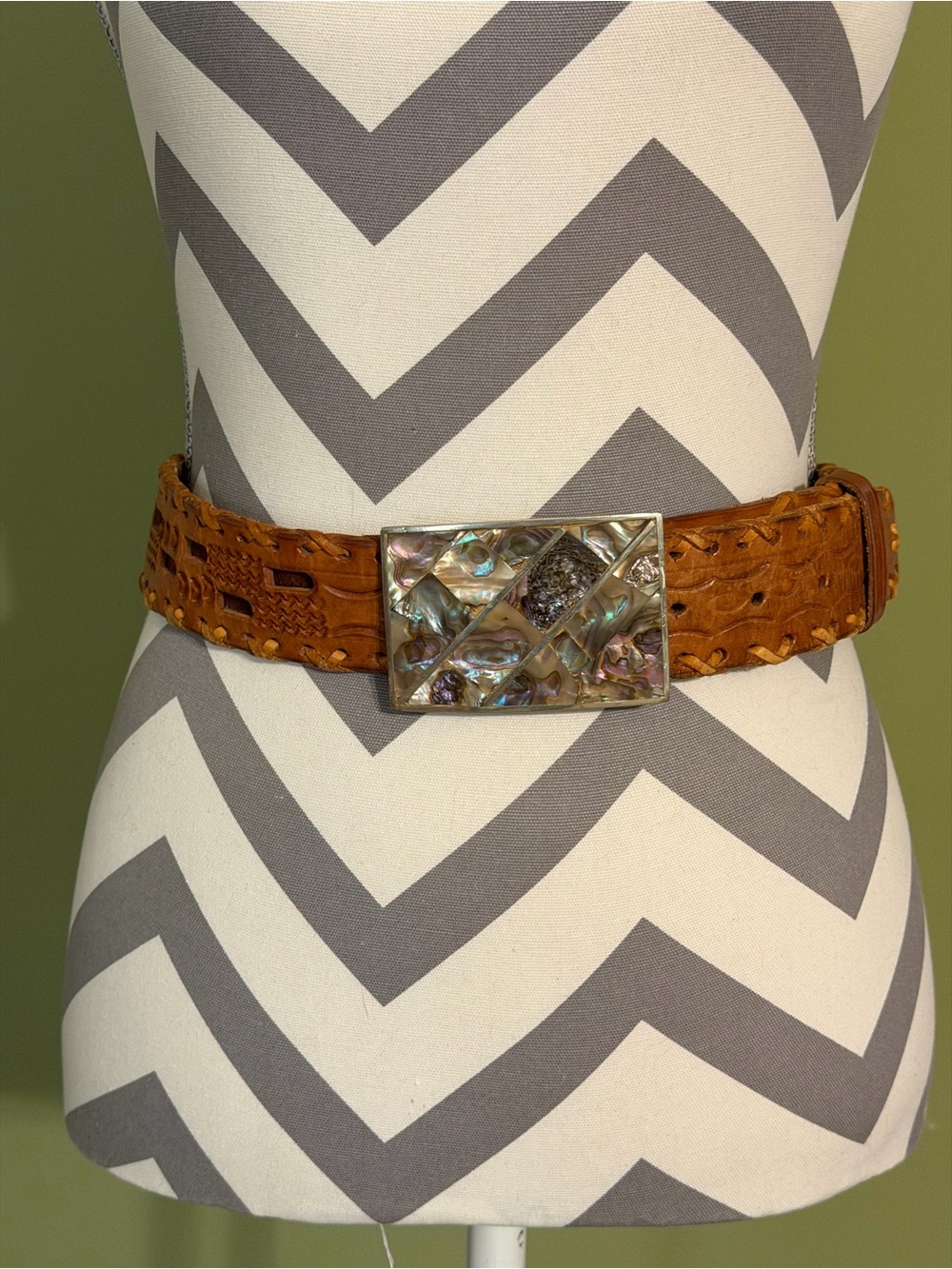 Mexican Woven Leather Belt with Abalone Shell Buckle